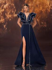 YISIKADO Women's Formal Evening Dress, Glamorous Sexy Rhinestone Decor, Deep V-Neck High Slit Fish Tail - Navy Blue - View 4