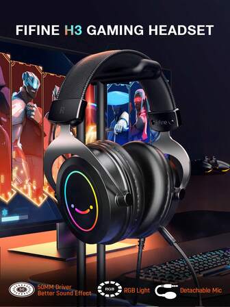  Gaming Headset With Detachable Microphone, Over-Ear Headset Wired With Passive Noise Canceling, With 3.5mm Audio Jack/Line Control/Detachable Microphone, RGB, For PC, Game Controller, Switch, Gamer Headset-FIFINE H3
