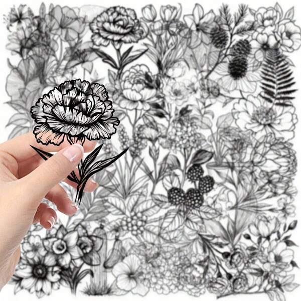 50pcs Black & White Botanical Stickers Suitable For Notebook, Planner, Water Bottle, Guitar Decoration, Made Of PET Material