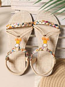 Sandalias de playa estilo retro romano de talla grande para mujer, con cuentas y tejido bohemio - Amarillo - Ver 6