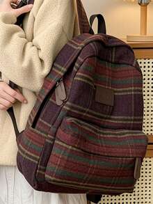 Letter Color Blocking Women's Functional Backpack, British Retro Plaid Woolen Small Capacity Backpack, Casual Bookbag, Student Bag, Without Pendant - Multicolor - View 2