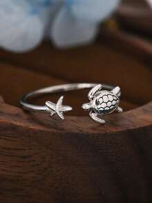 1 Antique Silver Starfish Turtle Open Adjustable Ring For Daily Wear As A Gift For A Friend - Turtle Ring - View 9