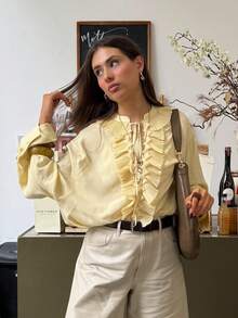Women Blouse Yellow Ruffled Lace Up Long Sleeve Top For Romantic Casual Styling - Yellow - View 6