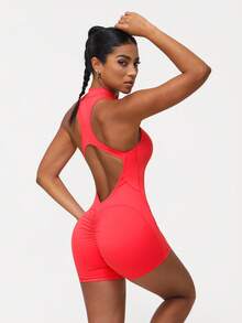 Sodalemon 女士紧身拉链连体裤，露背蜜桃臀设计，适合瑜伽和健身，夏季款 - 紅色 - 查看 6