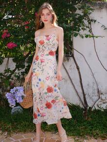 Vestido de seda de tirantes con estampado floral retro para mujer - Beis - Ver 6