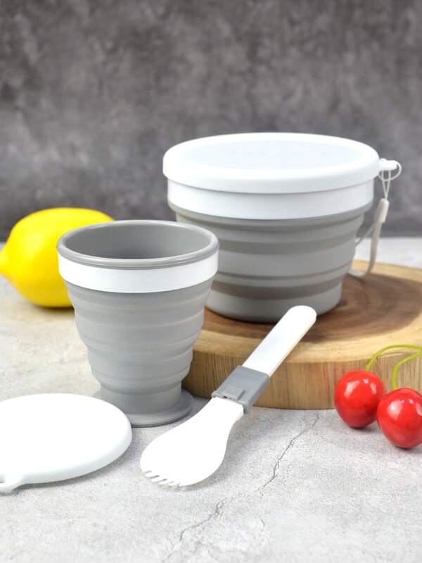 New 3-Piece Outdoor Set: 550ml Foldable Silicone Bowl With Lid, 200ml Foldable Silicone Cup With Lid, Foldable Spoon, Portable For Outdoor/Travel Use,School Supplies