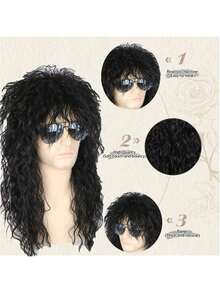 Men And Women Long Curly Brown Gradient White Wig 70s 80s Rocker Mullet Party Funny Wig Costume Wig - màu đen - Xem 6