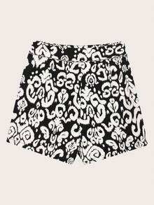Women's Allover Print Fashion Casual Skorts, Summer - Black and White - View 2
