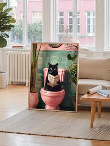 1pc Black Cat Bathroom Wall Art Poster, Abstract Cat Reading Newspaper With Modern Plant Pattern Colorful Canvas Poster Print Decor, Suitable For Living Room Bedroom, Frame Optional - Multicolor - View 8