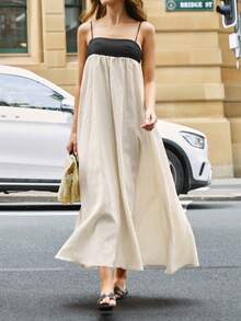 Plus Size Women Loose Fitting Suspender Linen Color Block A-Line Maxi Dress