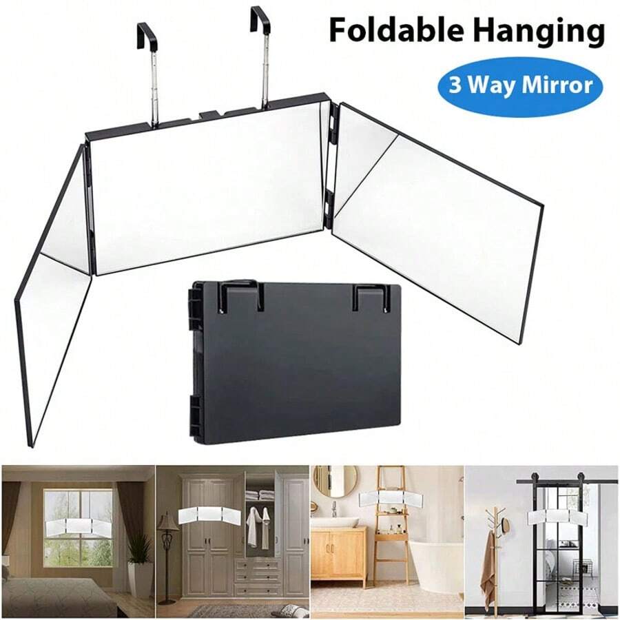3 Way Mirror For Hair Cutting, Makeup Mirror 360 Trifold Mirror With Height Adjustable Telescoping Hooks, For Makeup, Hair Styling