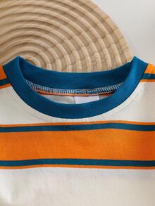 Baby Striped Short Sleeve T-Shirt, High Stretch Soft Breathable Cotton Tee, Lightweight Summer Top - Yellow - View 4