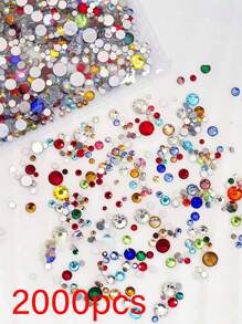 2.000 Peças Assortidas Tamanho Pedras de Strass de Vidro Bottom Plano, Pedras de Strass Redondas Multicoloridas K9 Bottom Plano, Decoração de Unhas