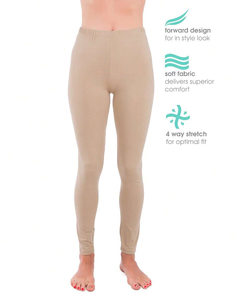 Ultra Soft High Rise Waist Full Length Basic Leggings Plain - Khaki - View 1