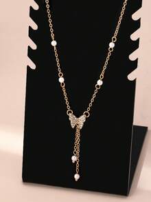 1 pièce Collier pendentif papillon en alliage faux perle stylé, chaîne délicate pour clavicule pour femmes, pour un port casual - Style 1 - Voir 2