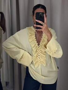 Women Blouse Yellow Ruffled Lace Up Long Sleeve Top For Romantic Casual Styling - Yellow - View 5