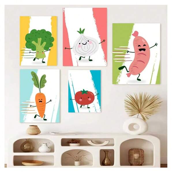 1pc Frameless Cute Vegetable Humorous Onion Carrot Broccoli Tomato Sausage Posters Vintage Painting Printing Wall Arts Modern Minimalist Restaurant Kitchen Wall Art Decoration Home Decoration ,Wall Art With Frame