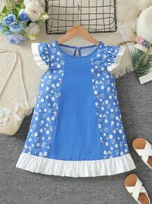 Vestido de verano para niña con estilo rústico, versátil, con estampado de denim falso, cuello redondo, mangas con volantes y parches