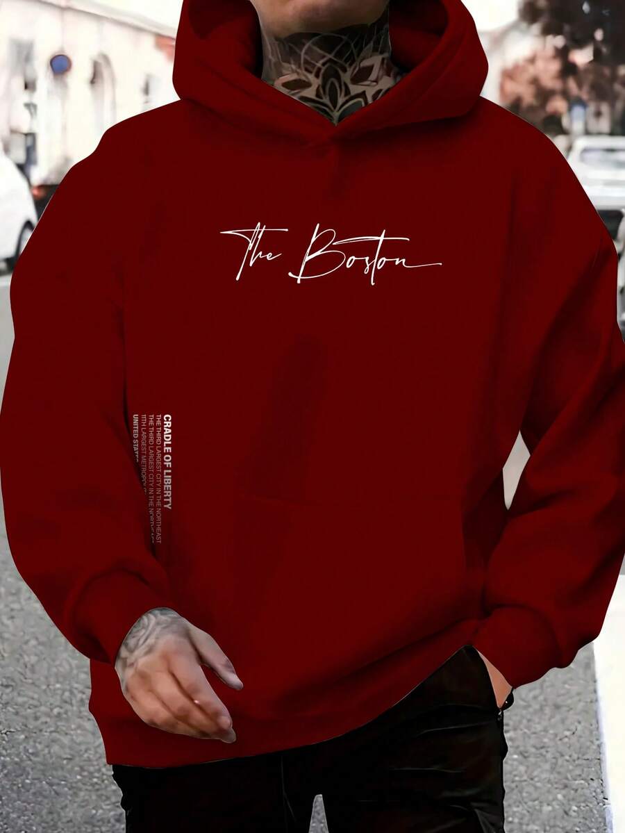 The Boston Men's Cotton Unisex Flannel Kangaroo Sweatshirt - 紫紅色 - 查看 1
