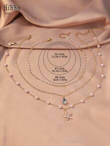 Hihho 3pcs/Set Fashionable Cubic Zirconia Embedded Navy Blue Water Drop Pendant Necklaces, Ocean Series Starfish Pendant Necklaces, Pearl Necklaces, Choker Necklaces, Necklace Sets, Suitable For Daily Wear, Festivals, Party Gifts (Random Pearl Quantity) - Yellow Gold - View 4