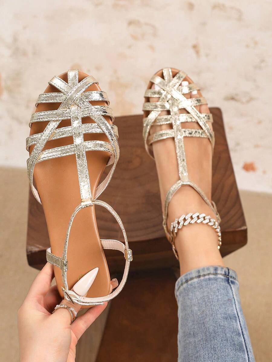 Women Hollow Out T-Strap Flat Sandals Roman Shoes Summer Shoes Cross Strap Pig Pen Flat Sandals Bronze Sandals T-Strap Sandals Retro Sandals Bronze Shoes Metal Flat Shoes Backless Mule Women Sandals