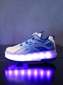 GUANGLAN USB Rechargeable LED Light Up Shoes, 7-Color Changing Luminous Sneakers, Mesh Surface, Suitable For Spring/Summer/Autumn, Roller Skating Shoes For Kids, Teens, Boys, Girls, Students, Athletic Shoes, Chunky Chunky Sneakers With Wheels - Blue - View 10
