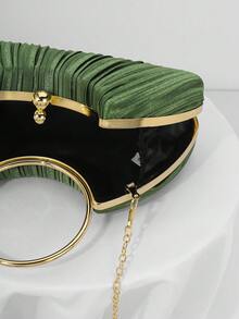 Satin Pleated Design Box Shape Evening Clutch Bag, Party Prom Formal Dress Handbag, Chain Strap Shoulder Bag For Wedding , Green - Green - View 9