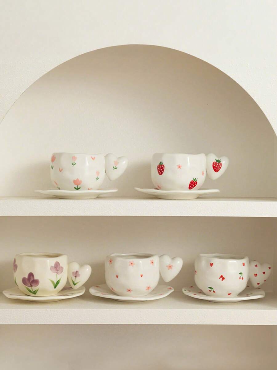 1pc Elegant Heart-Shaped Ceramic Mug & Saucer Set, Unique Handle Design, Cute Pattern Cup, Office Coffee Mug, Afternoon Tea Set, Holiday Gift, Couple Mugs - 彩色 - 查看 1