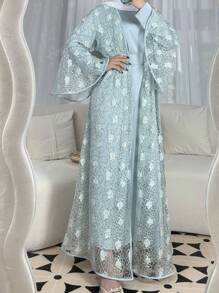 Conjunto de 2 piezas con chaqueta de encaje floral elegante y modesta y vestido de cuello redondo liso, para fiestas de lujo, días festivos y uso en casa