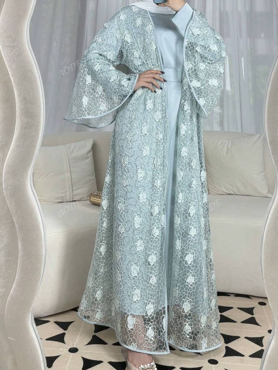 Conjunto de 2 piezas con chaqueta de encaje floral elegante y modesta y vestido de cuello redondo liso, para fiestas de lujo, días festivos y uso en casa