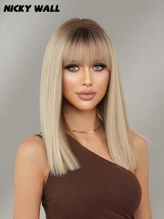 NICKY WALL 18 英寸挑染中长亚麻金色假发混合合成直发棕色假发带刘海深色发根高密度蓬松天然耐热纤维假发适合女性和迷人女孩日常派对四季使用