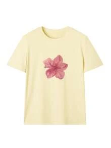 New Soft & Versatile Women's Fashion Round Neck Floral Print T-Shirt, Casual Spring/Summer - Yellow - View 4