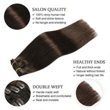 7pcs/Set Clip In Human Hair Extensions Easy To Install - Real Soft Natural Straight Double Lace Weft, Seamless & Breathable With 16 Clips Included Natural Straight - Darkest Brown - View 4