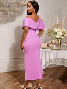 Vestido elegante y romántico de mujer de color púrpura claro con hombros asimétricos, mangas abullonadas, ajuste ceñido y longitud media, con una abertura sexy en el bajo. Adecuado para bodas, fiestas, vacaciones, despedidas de soltera, fiestas de boda, graduaciones y novia.