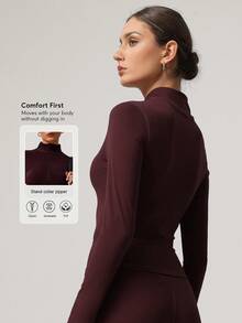 Sodalemon Women Fitness Full Zipper Gym Training Outdoor Elastic Long Sleeve Casual Running Sport Workout Jacket - Burgundy - View 3