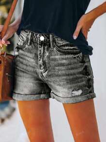 Jeans da donna casual in stile americano di strada di per l'estate, versatili, con stile vacanziero, semplici, con orlo consumato e colore tinta unita lavato