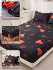 2/3pcs Printed Fitted Sheet Set, Bedding, Bed Sheets Set, Christmas Decorations, Soft And Comfortable Bedding, Skin-Friendly Bed Cover Set, Hallowen Decor, Fall Decor, Mattress Protector For Bedroom, Room Decor, For All Season, Fits Twin Full King Queen Size Bed, 1 Fitted Sheet And 2 Pillowcases, Machine Washable - 黑色愛心 - 查看 5