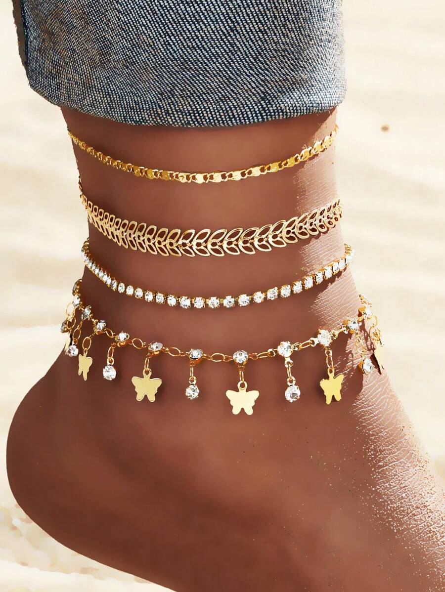 4 Piece/Boho-Butterfly Pendant Inlaid With Artificial Zirconia Ankle Bracelet,Jewelry Women,Gold Jewelry,Daily, Wedding, Party, Gift