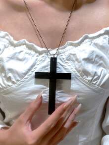 1pc Vintage Gothic Christian Black & White Wooden Cross Pendant Necklace, Fashion Jewelry Accessory Suitable For Wedding, Music Festival, Cosplay - Multicolor - View 7