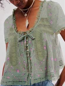 Women Blouse, Short Sleeve Tie-Up Lace Patchwork Loose Elegant Summer T-Shirt Streetwear For Casual Daily - 綠色 - 查看 1