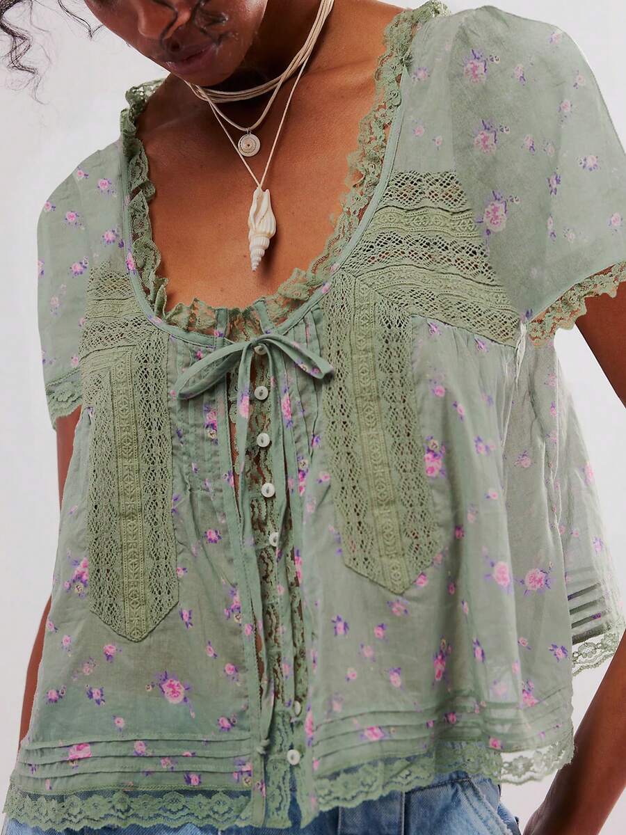 Women Blouse, Short Sleeve Tie-Up Lace Patchwork Loose Elegant Summer T-Shirt Streetwear For Casual Daily - 綠色 - 查看 1