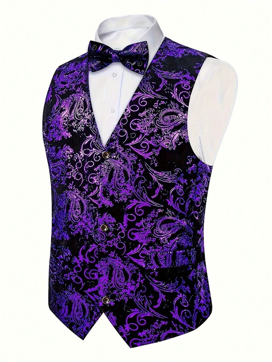 Men's Gold Foil Vest For Party, Wedding, Formal Event, Comes With Bowknot - Purple - View 1
