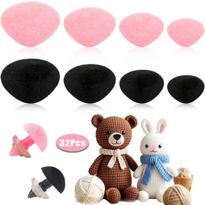 32pcs Flocked Noses For Dolls With Washers, 11/15/17/18mm Craft Nose Set Suitable For Crochet Flocked Toys, Puppets