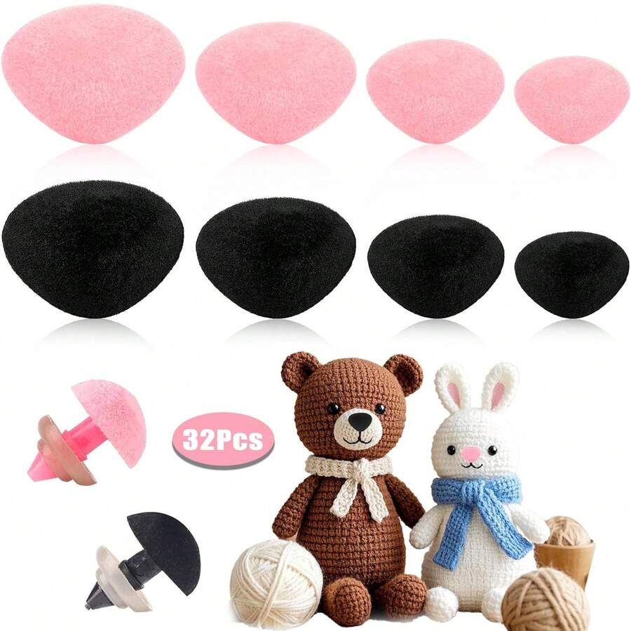 32pcs Flocked Noses For Dolls With Washers, 11/15/17/18mm Craft Nose Set Suitable For Crochet Flocked Toys, Puppets