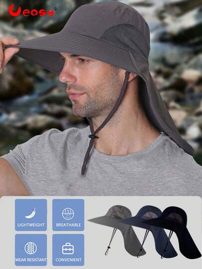 Ueasy 1pc Unisex Wide Brim Sun Hat, Mesh Adjustable Strap, Casual Outdoor Travel Hat For Men & Women, Sun Protection Hat, Breathable Bucket Hat, Mountaineering And Camping Wide Brim Neck Protection Shawl Sun Hat, Adjustable Rope Bucket Hat, Sun Hat For Summer Outdoor Activities, Lightweight, Waterproof