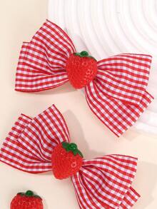 2pcs Girls Strawberry Hair Bow Clips, Strawberry Charm Decorated & Red-White Gingham Print Bows, Cute Kawaii Hair Accessories For Birthdays Spring Summer