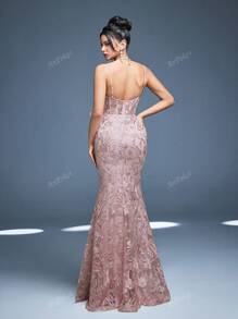 Vestido Longo Sereia Anpoket com Decote em V, Novo Lançamento, Doce Vestido para Dama de Honra, Franzido, Laço, Renda Contrastante, Corpete Justo