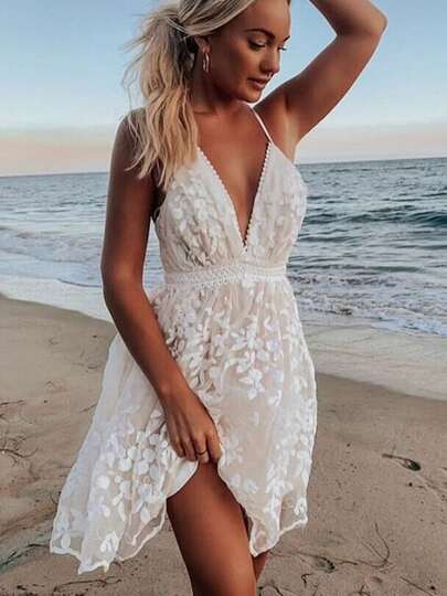 Women Summer Sleeveless Boho Mini Dress Deep V Neck Off Shoulder Backless Beach Sundress Female Lace Flower High Waist Dresses