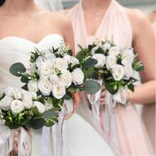Artificial Eucalyptus & White Flower Bridesmaid Bouquet, Pre-Made Small Floral Arrangement For Wedding Centerpiece, Party/Ceremony Anniversary Tabletop Decor
