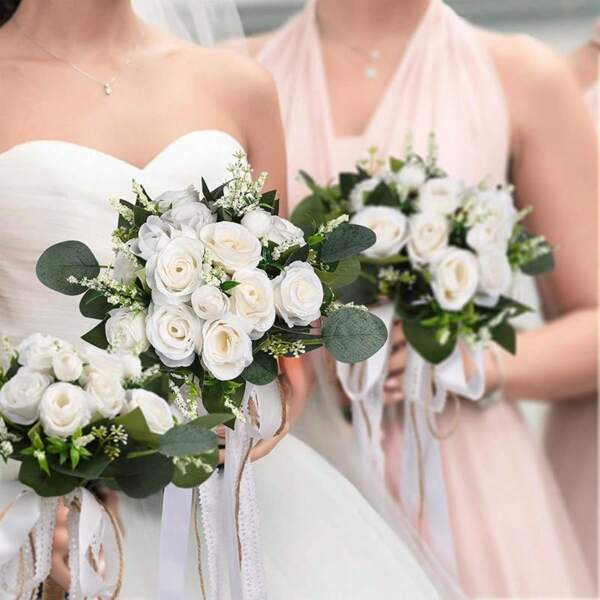 Artificial Eucalyptus & White Flower Bridesmaid Bouquet, Pre-Made Small Floral Arrangement For Wedding Centerpiece, Party/Ceremony Anniversary Tabletop Decor